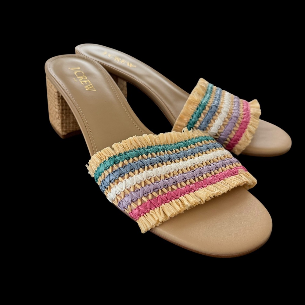 J.Crew Multi Color Raffia Fringe Block Heel Mule Sandals BW886 Womens 8 Spring